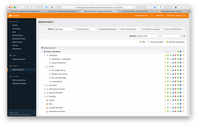 Screenshot vom Backend Seitenstruktur